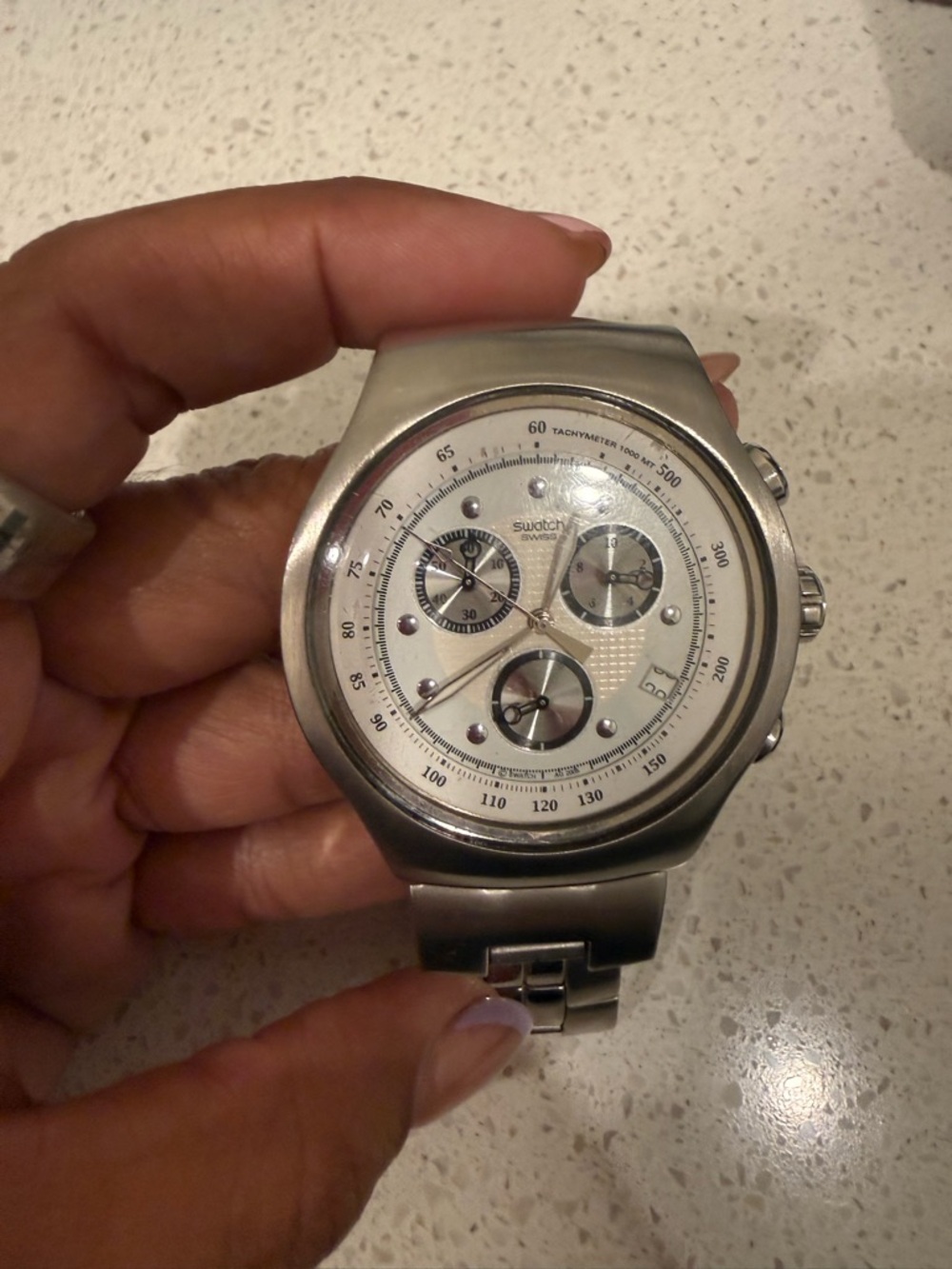 Swatch Silver Stainless Steel Chronograph Watch with White Dial